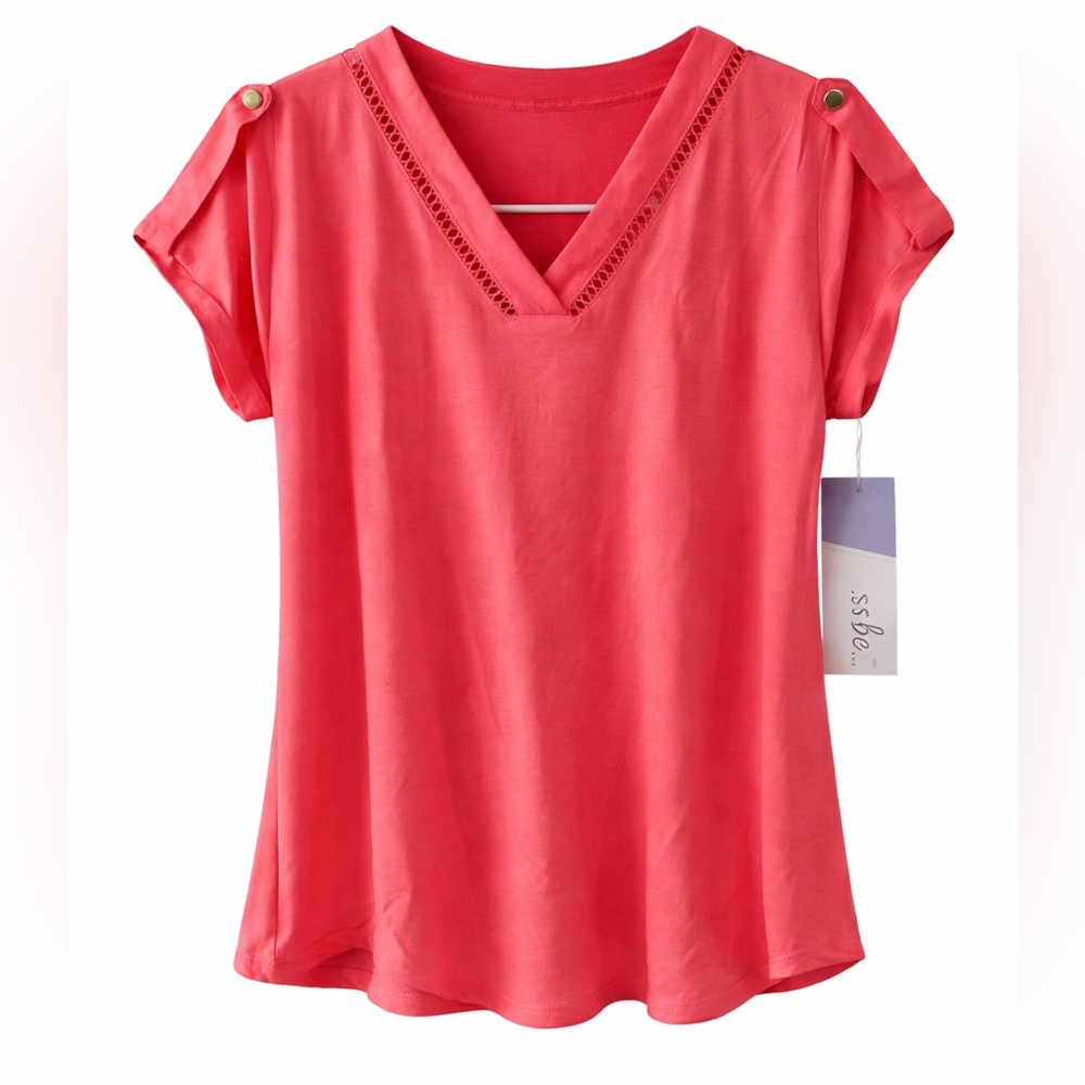 size S Coral Button-Detail V-Neck Blouse